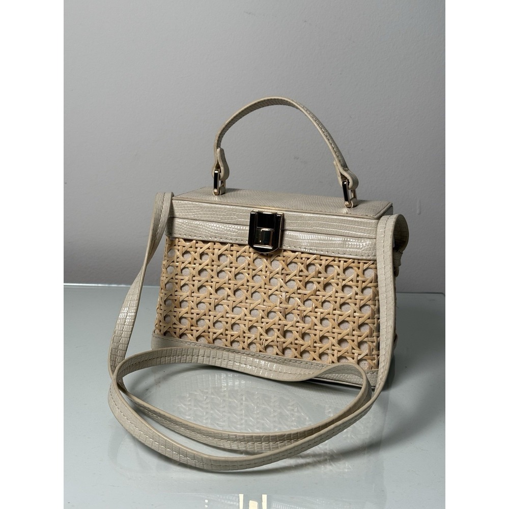 Zara Rattan Woven Box Bag Crossbody Small White Trim Beach Resortwear Boho
